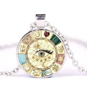 Round Zodiac Eye Necklace | Yellow Face Eye Pendant Gold Tone Chain NWOT